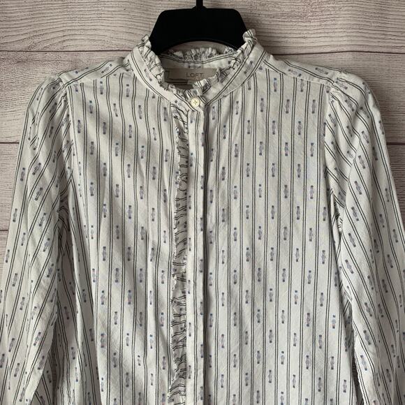 LOFT Petites White Striped Pink and Country Blue Blouse Button Up Size SP - Picture 2 of 16